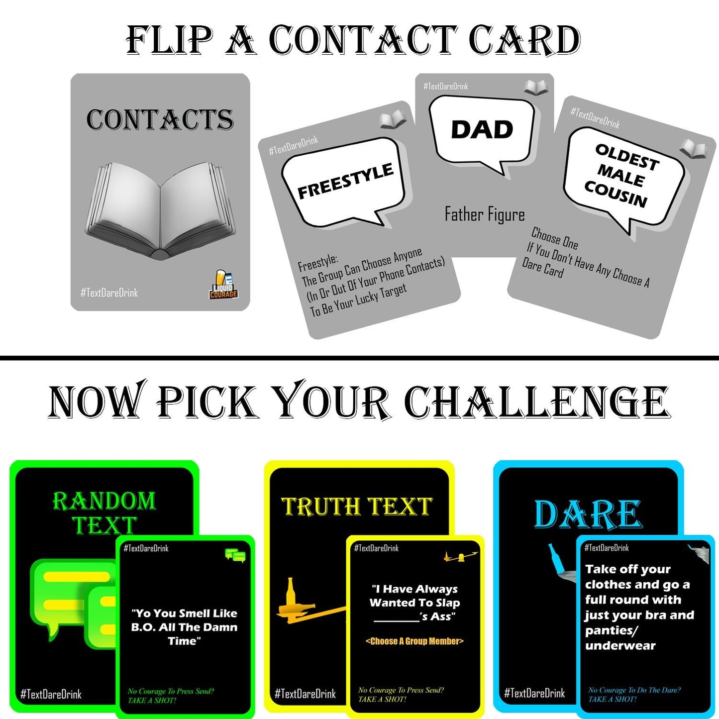 Liquid Courage – Hilarious, Fun Adult Drinking Card Game for Parties Text - Dare - Drink + Bonus 90 Card Expansion Pack - W4W Products 