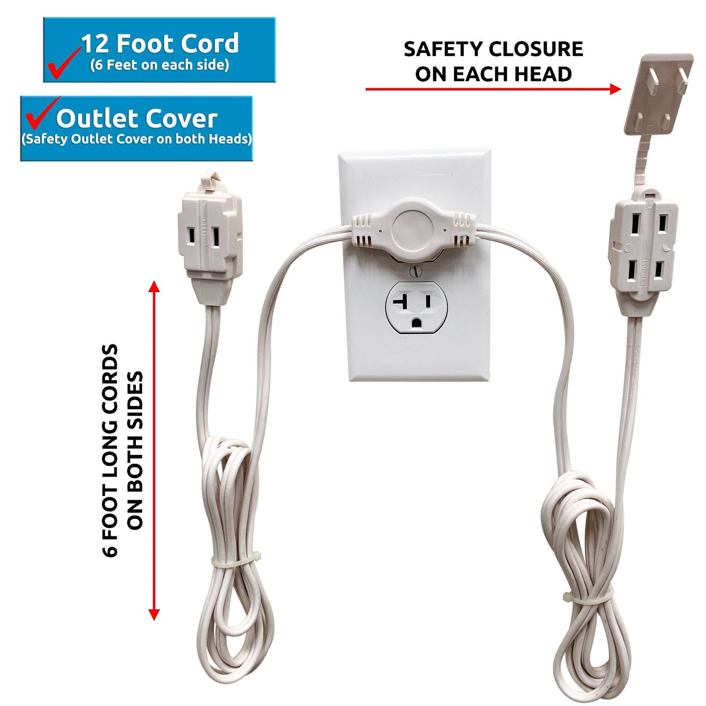 Twin Head Double Extension Cord for Home Office & Behind the Bed & Sofa (USA only) - W4W Products 