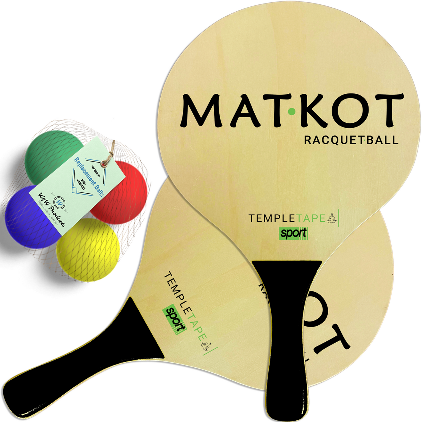 W4W Kadima Beach Paddle Ball Racket Set - Bundle Pack Includes 4 Balls & 2 Paddles - Natural - Ages 15+ - W4W Products 