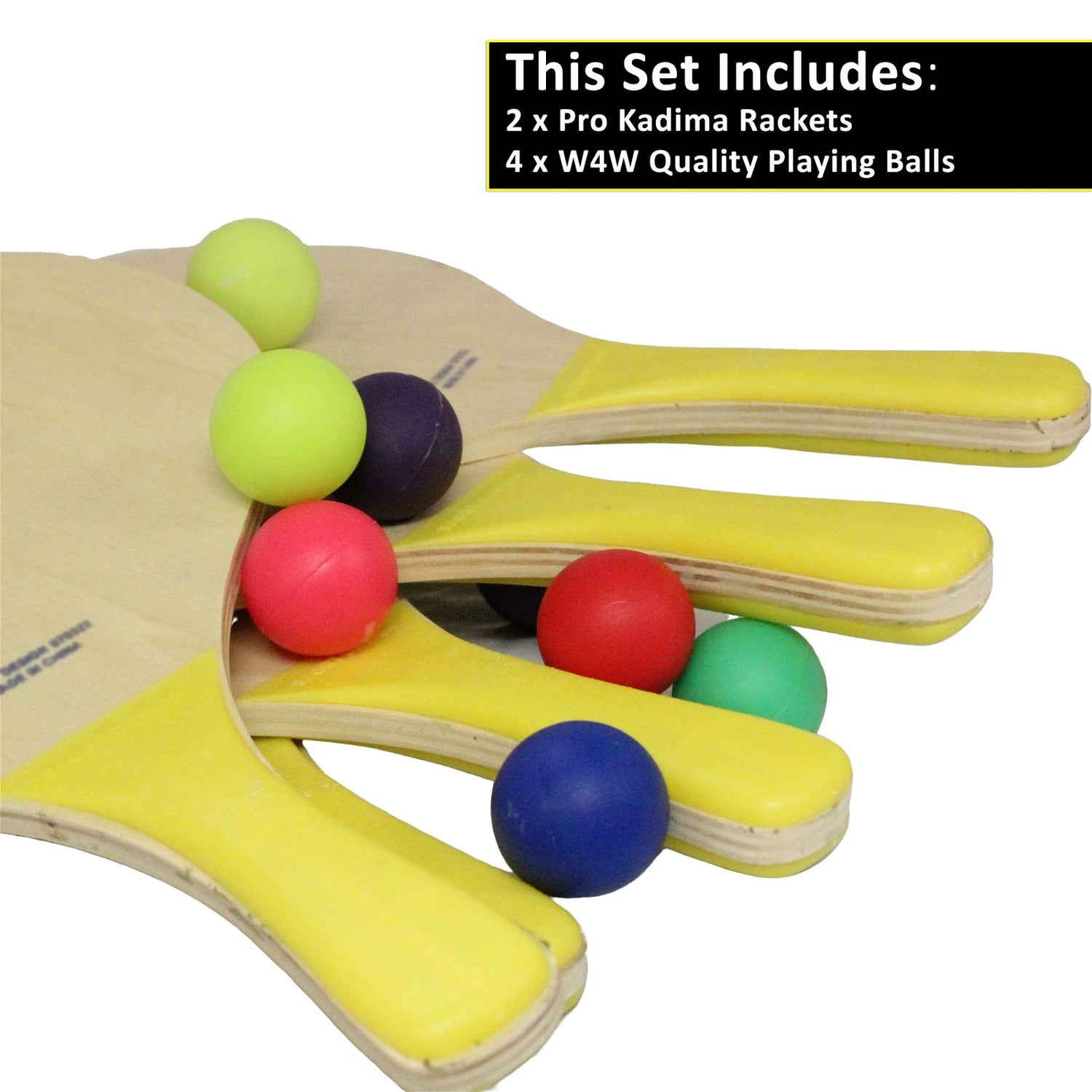 W4W Kadima Beach Paddle Ball Racket Set - Bundle Pack Includes 4 Balls & 2 Paddles - Natural - Ages 15+ - W4W Products 